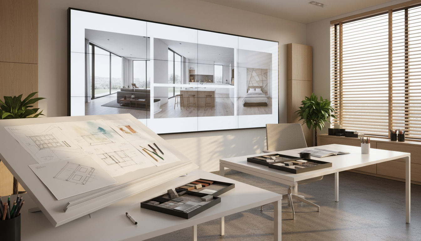 Interior design studio workspace with digital tools, material samples, and 3D renders on screen