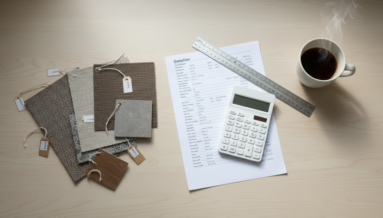 Close-up of a designer's desk with a quotation document, calculator, laptop spreadsheet, and architectural drawings