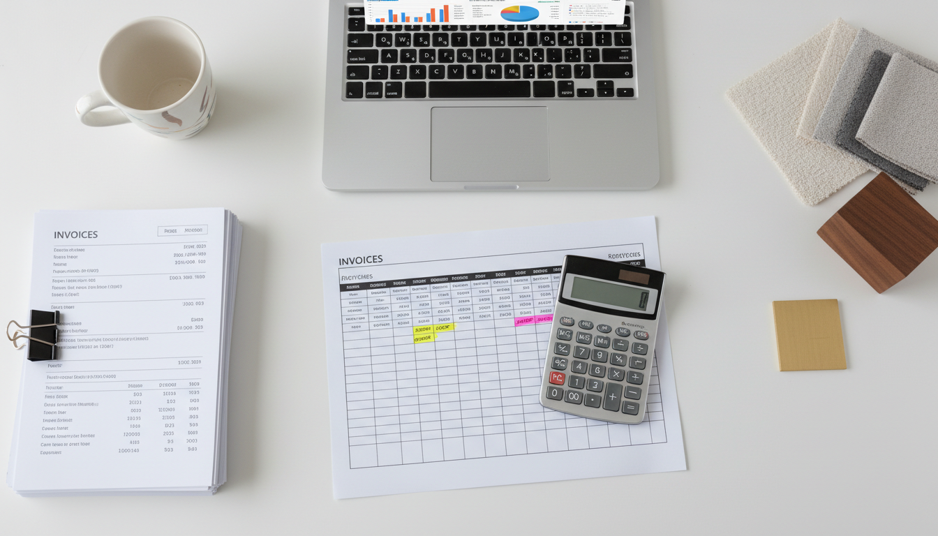 Flat lay of a design studio desk with calculator, invoices, and material samples