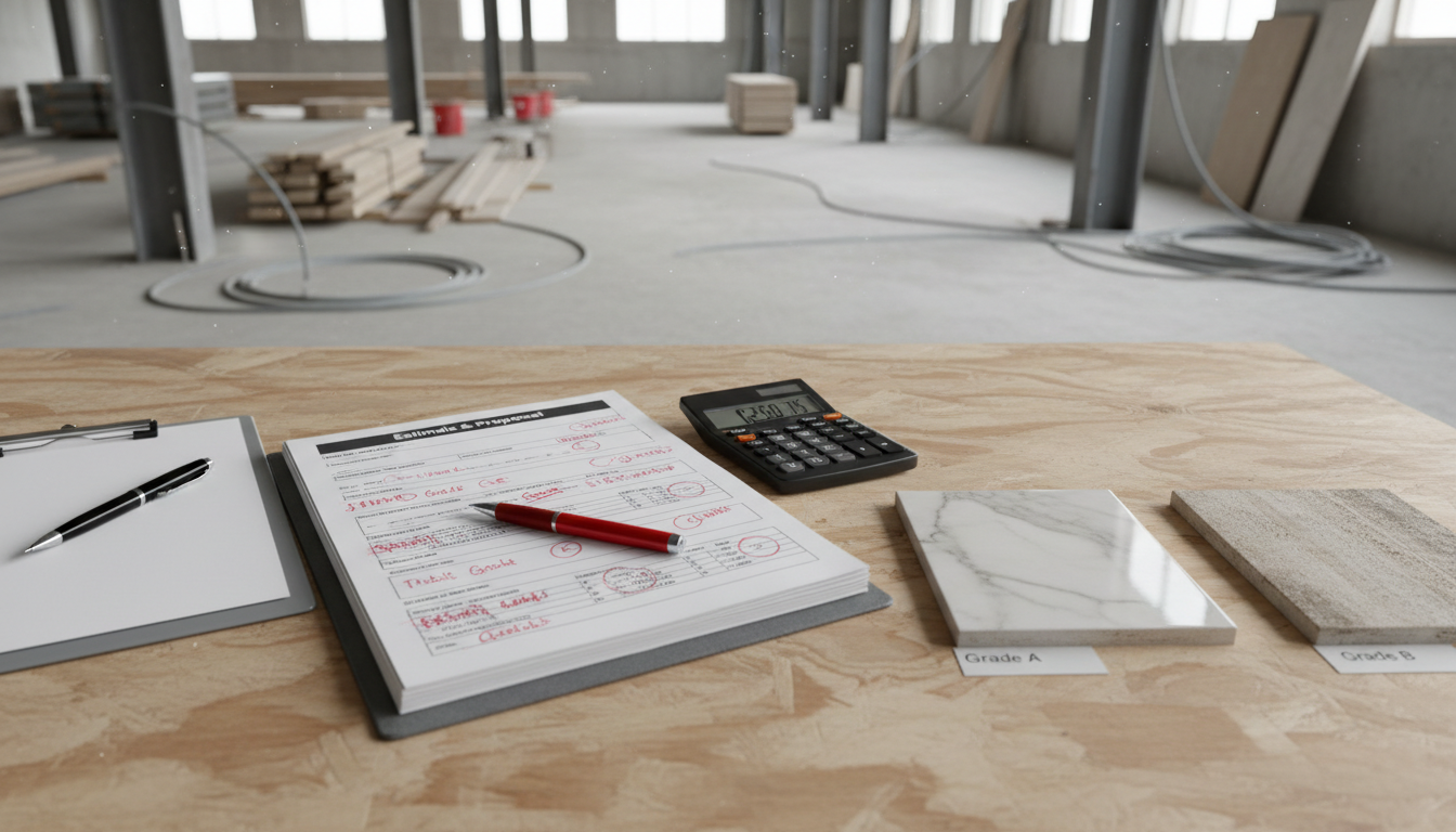 Half-renovated HDB kitchen with a spreadsheet and calculator on the marble countertop